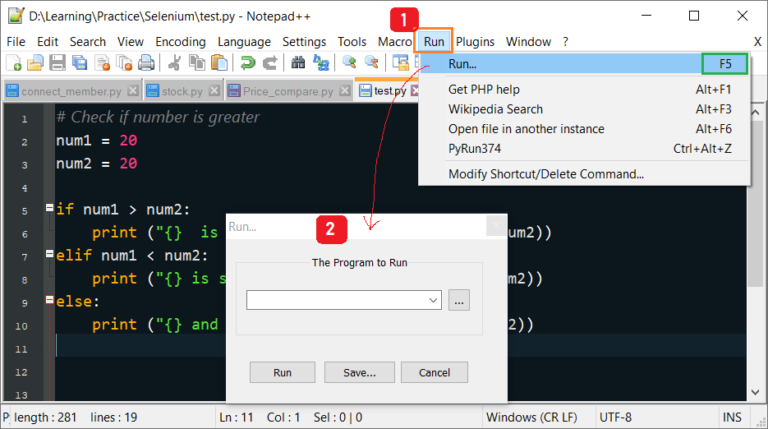 how to run python script in notepad++